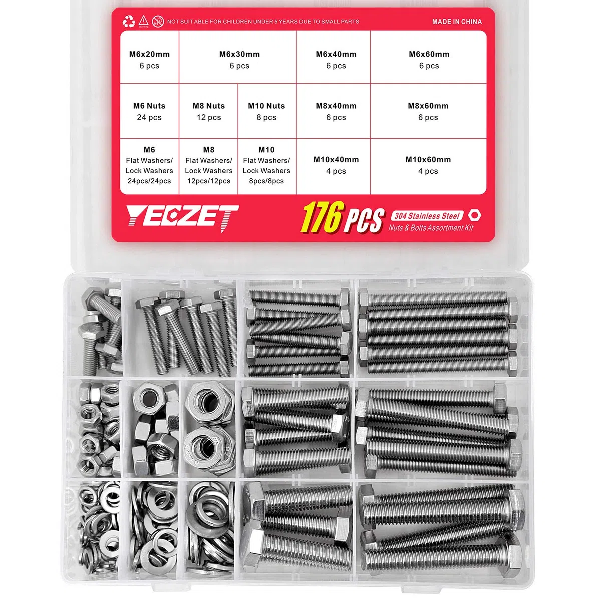 176 pcs M6 M8 M10 Schrauben und Muttern Sortiment aus 304 Edelstahl Sechskantschrauben Unterlegscheiben Federringe & Muttern Sortiment Kit