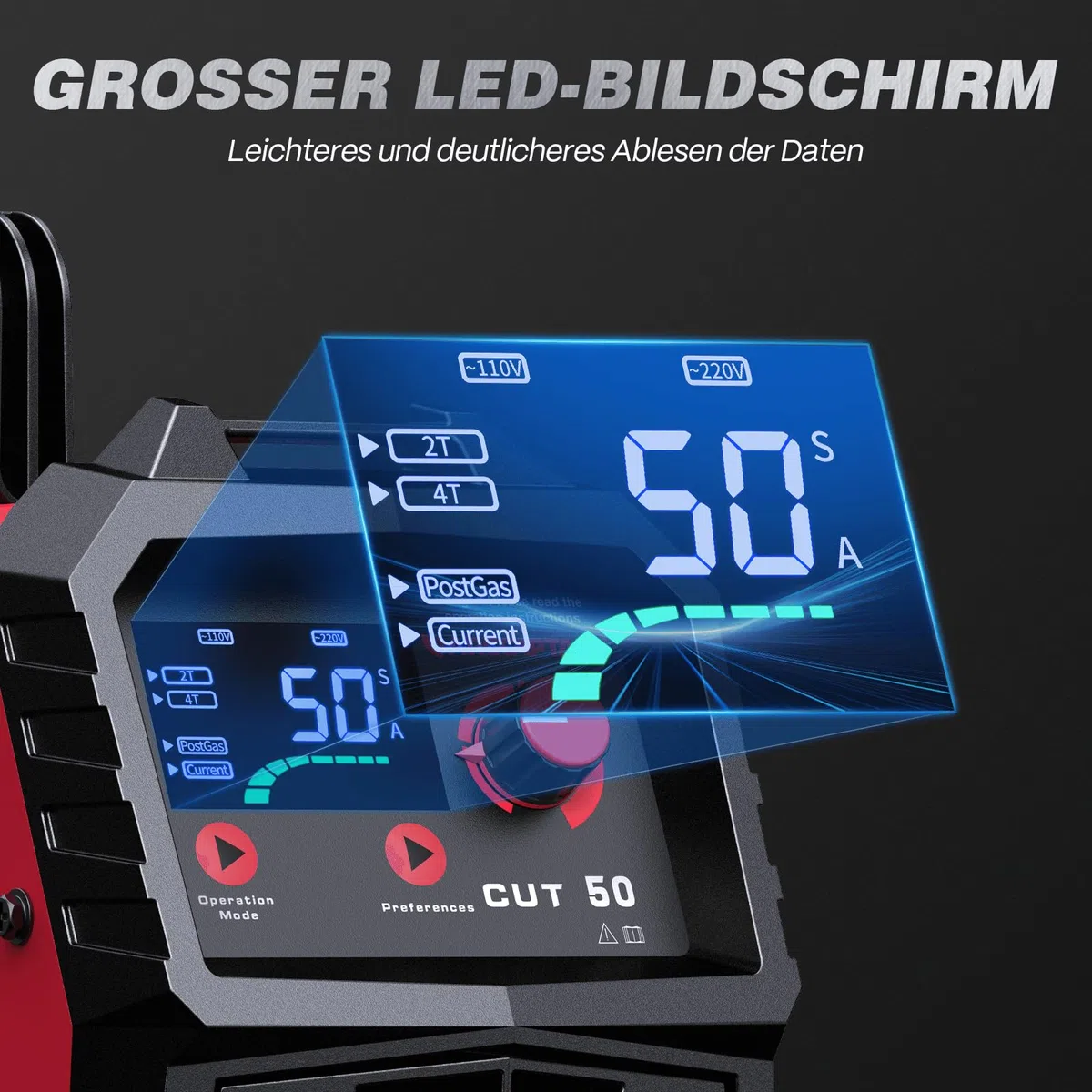 ARCCAPTAIN Plasmaschneider: [Große LED-Anzeige] 50 Ampere Plasmaschneider mit IGBT Max. Schneiden 20 mm mit Postflow und 2T/4T