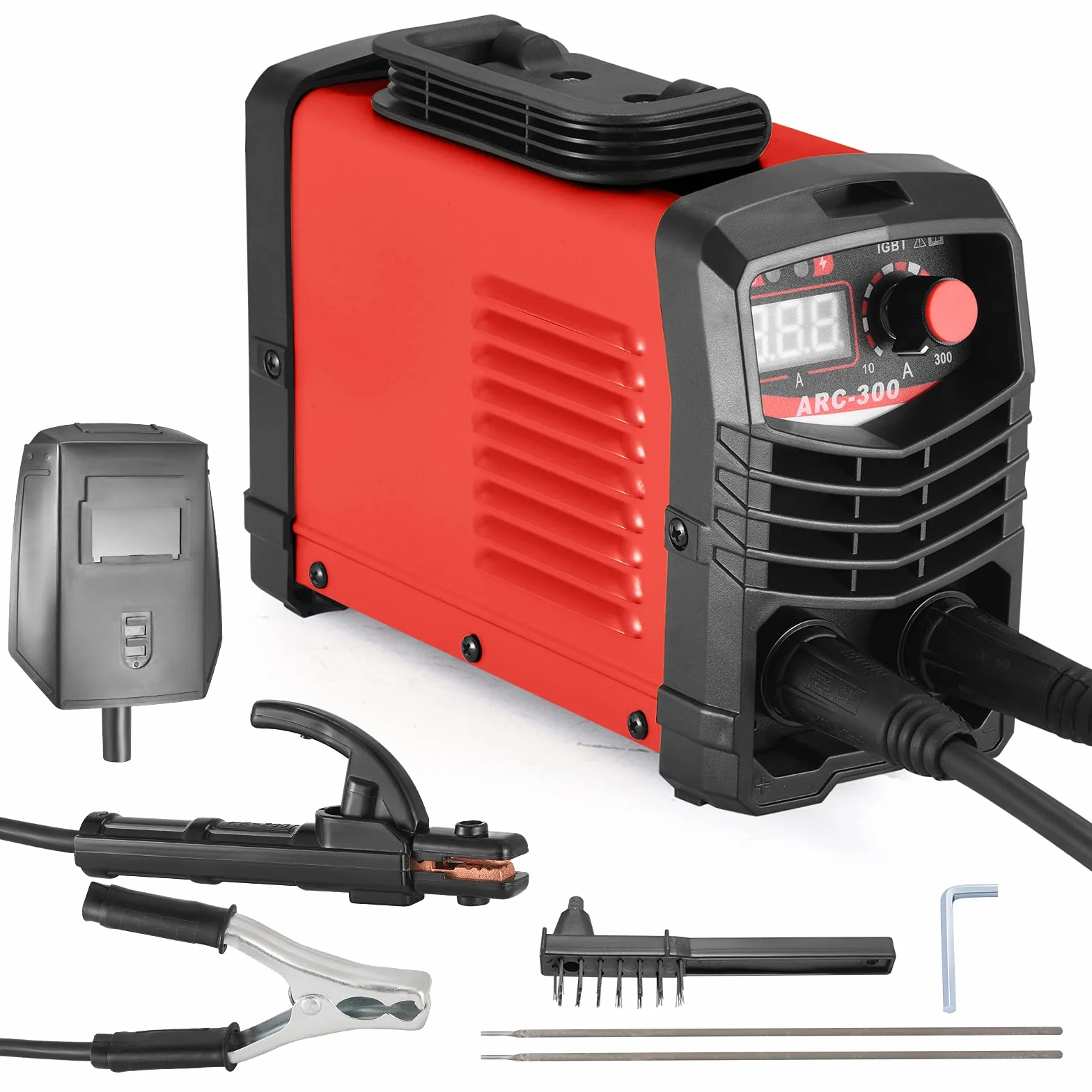 IGBT Inverter Schweißgerät 300A ARC MMA Elektroden Schweißgerät mit LCD Display tragbar 220V inkl. Schweißbrenner Masseklemme Schutzbrille Handschuhe Bürste und Stabelektroden-Rot
