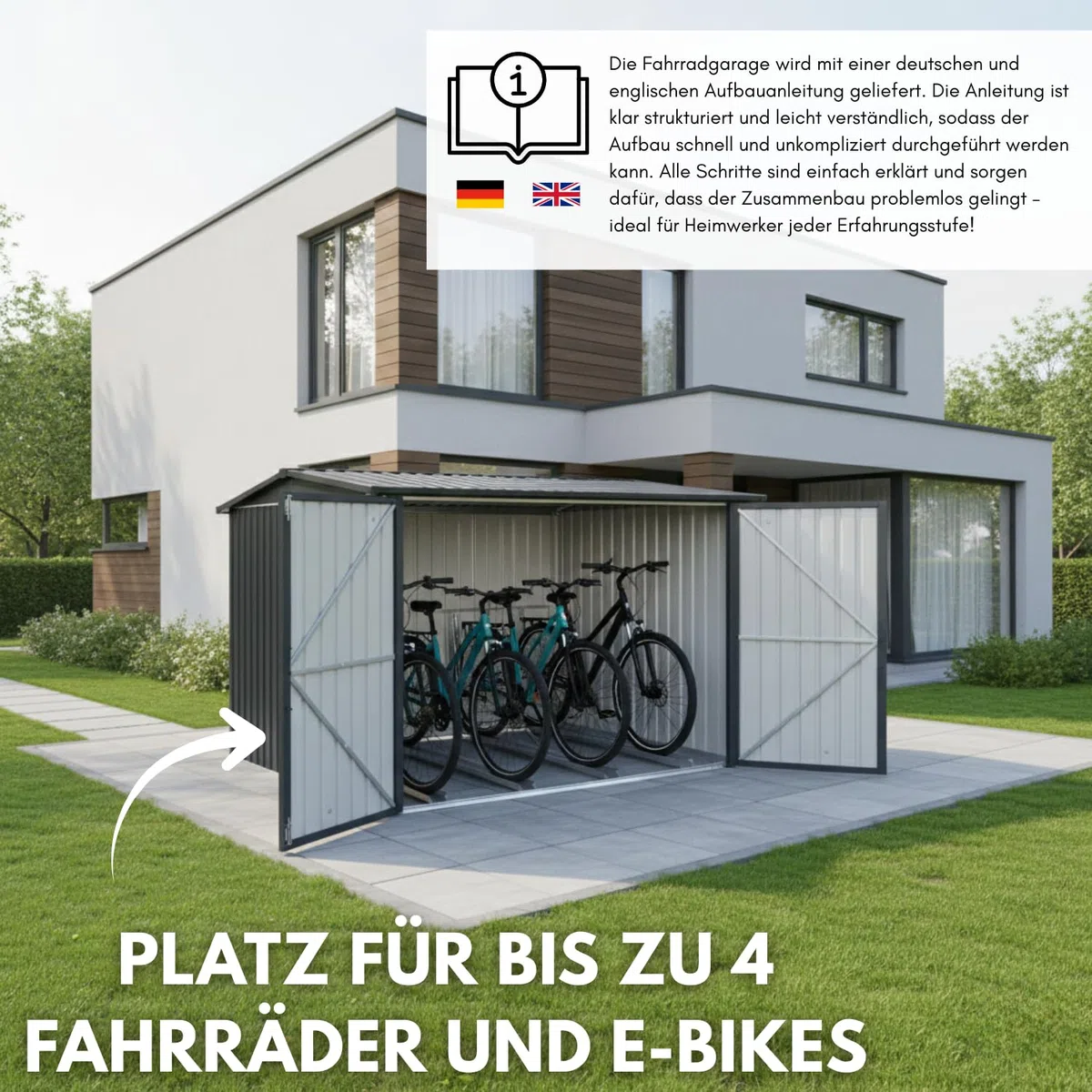 ALBATROS XXL Fahrradgarage Metall wetterfest & abschließbar, für 4 Fahrräder & E-Bikes, Fahrradbox 229x203x162 cm, Fahrradunterstand aus verzinktem Stahl RAL7016 anthrazit, Gartenbox mit Zubehör