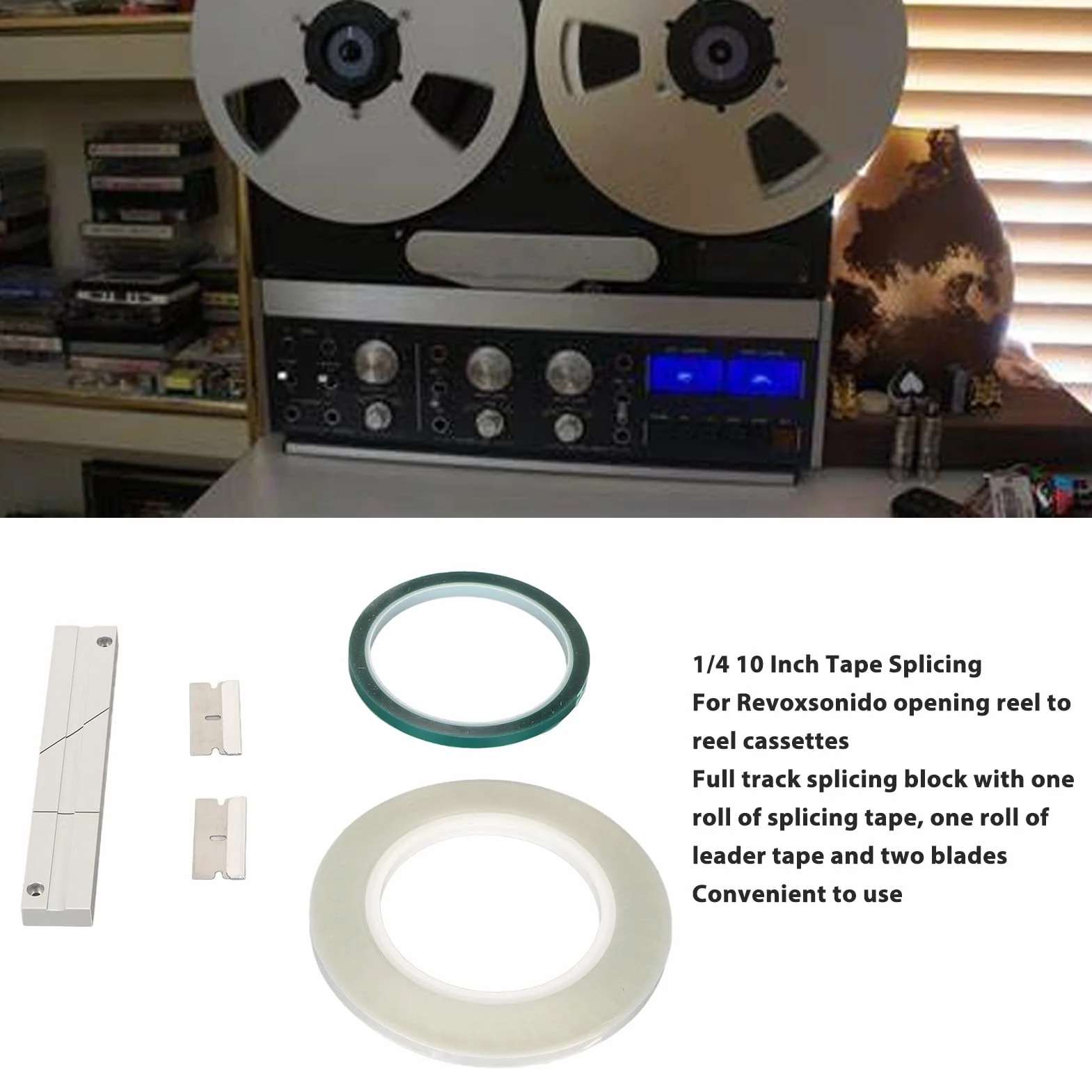 ASHATA 1/4 10 Zoll Bandspulen Bandspleißset, Open Reel Audio Spleißset mit Bandspleißblock, Spleißband und Führungsband, für Reel to Reel Tonbandgeräte