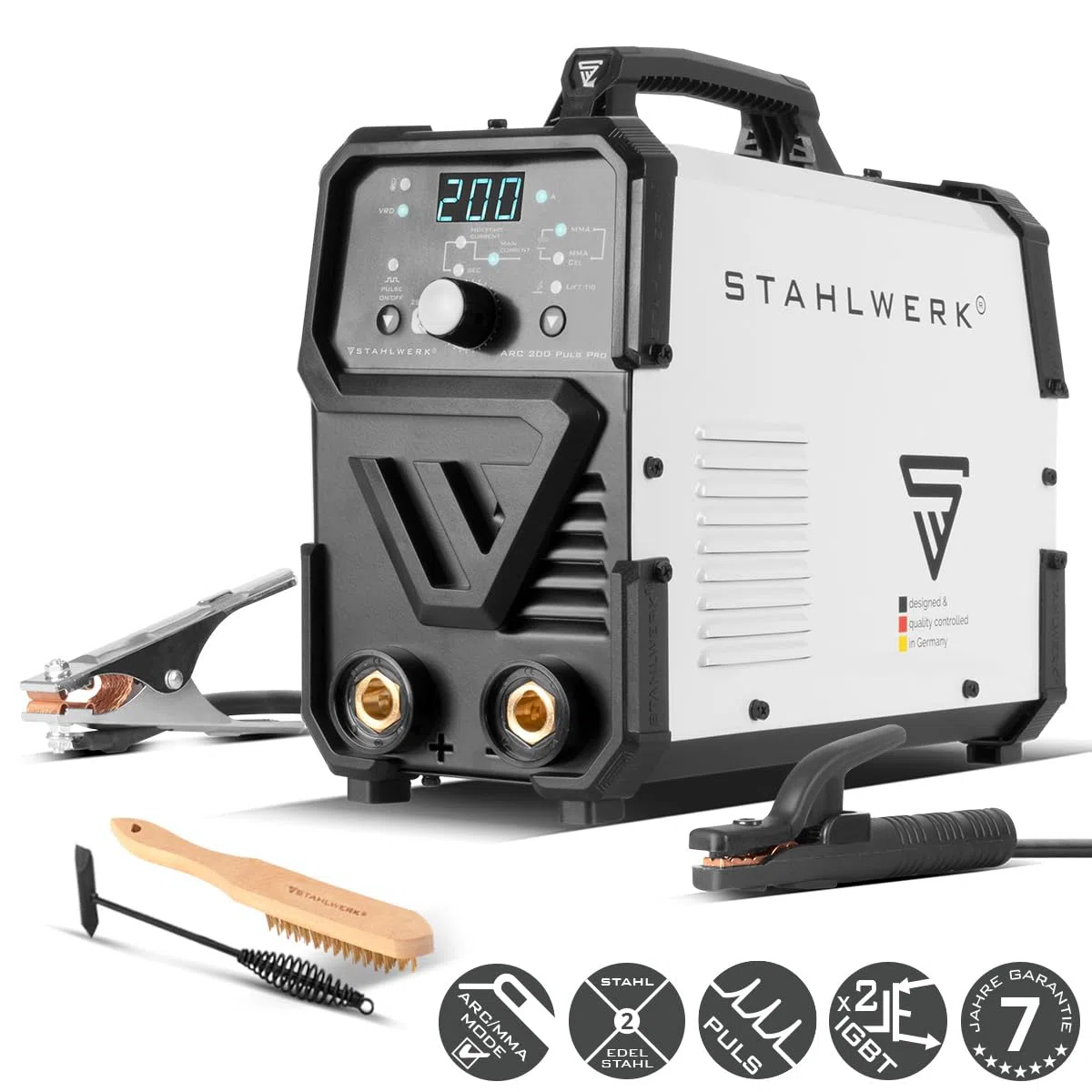 STAHLWERK Elektroden-Schweißgerät ARC 200 Puls Pro – Schweißen ohne Schutzgas, kompakter MMA, E-Hand, Lift-TIG Inverter mit 200 A, Hot Start, Arc Force, Antistick, IGBT Technologie, Pulsfunktion