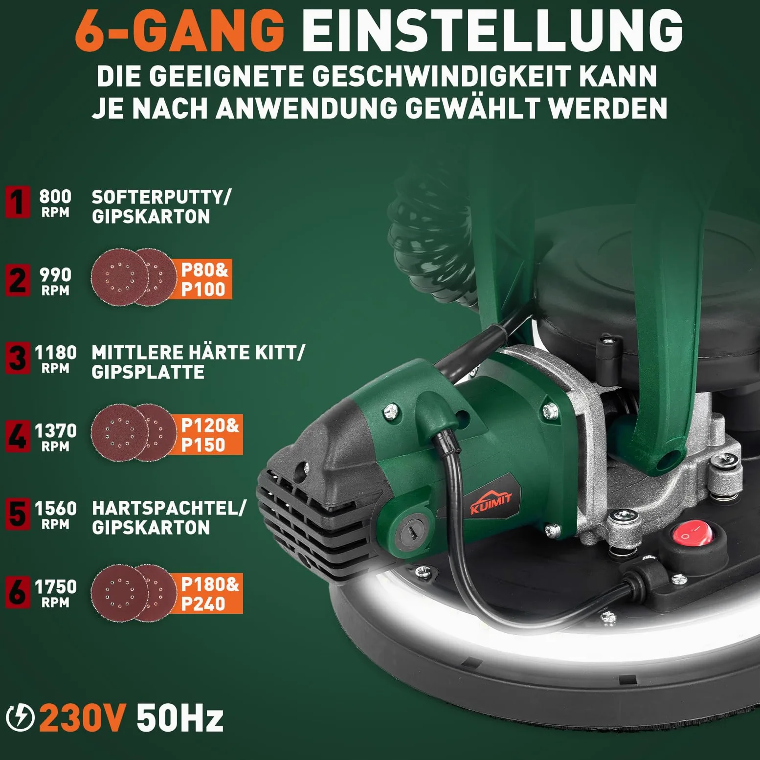 Trockenbauschleifer 850W, Wandschleifer mit 12 Schleifscheiben, 6 variable Geschwindigkeiten 800-1750 U/min, Elektroschleifer mit ausziehbarem Griff, LED-Licht, langem Staubschlauch