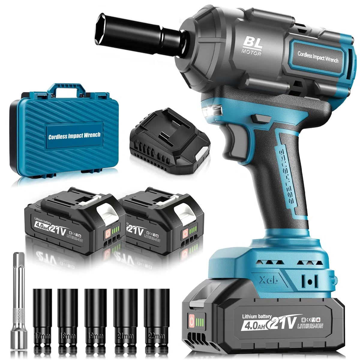 1200Nm Schlagschrauber Akku Kompatibel mit Makita 18V Lithium-Akku, 1/2 Zoll Bürstenloser Schlagschrauber mit 2x 4.0Ah Batterie, 5 Stecknüsse für Autoreifen, Automobilmontage und Gerüstbau