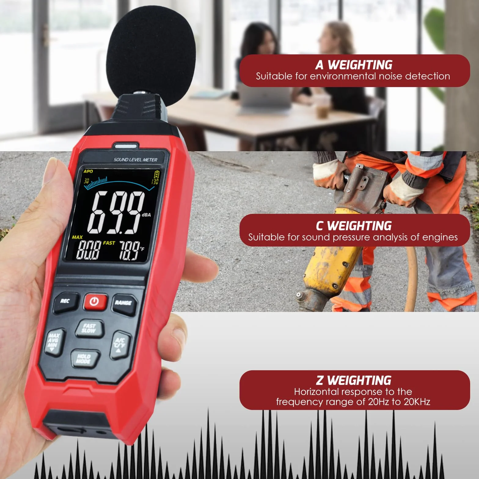 Decibel Datenmessgerät, großer LCD-Schallpegelmesser, A/C/Z Rauschmesser, Hochpräzises Tonmessgerät mit akustischem visuellen Alarm, schnelle / langsame Temperatur-Datenaufnahme