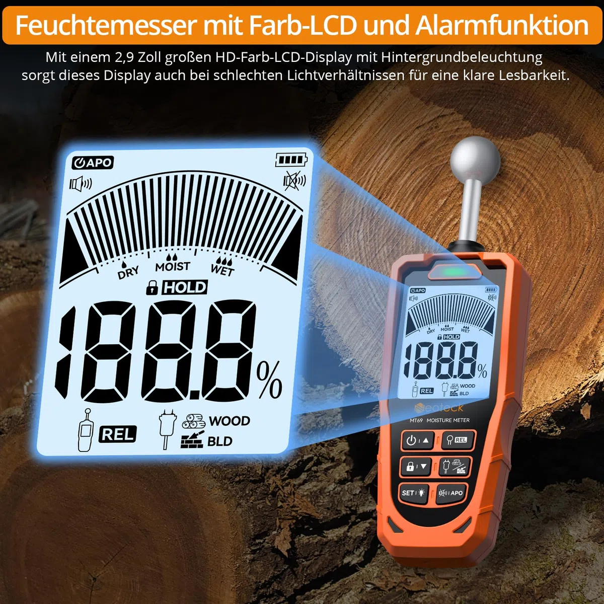 Neoteck Feuchtigkeitsmessgerät Pin&Pinless 2-in-1 Dual-Sonden mit LCD und akustischem Alarm