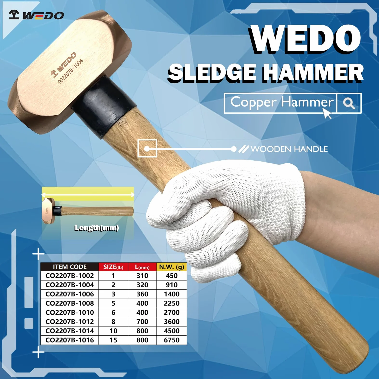 WEDO Fäustel,Kupferhammer,Vorschlaghammer mit Holzgriff,910g,Länge 320mm,Trockenbauhammer,Stemmhammer,Abbruchhammer Einsatz bei Präzisionsabbrucharbeiten