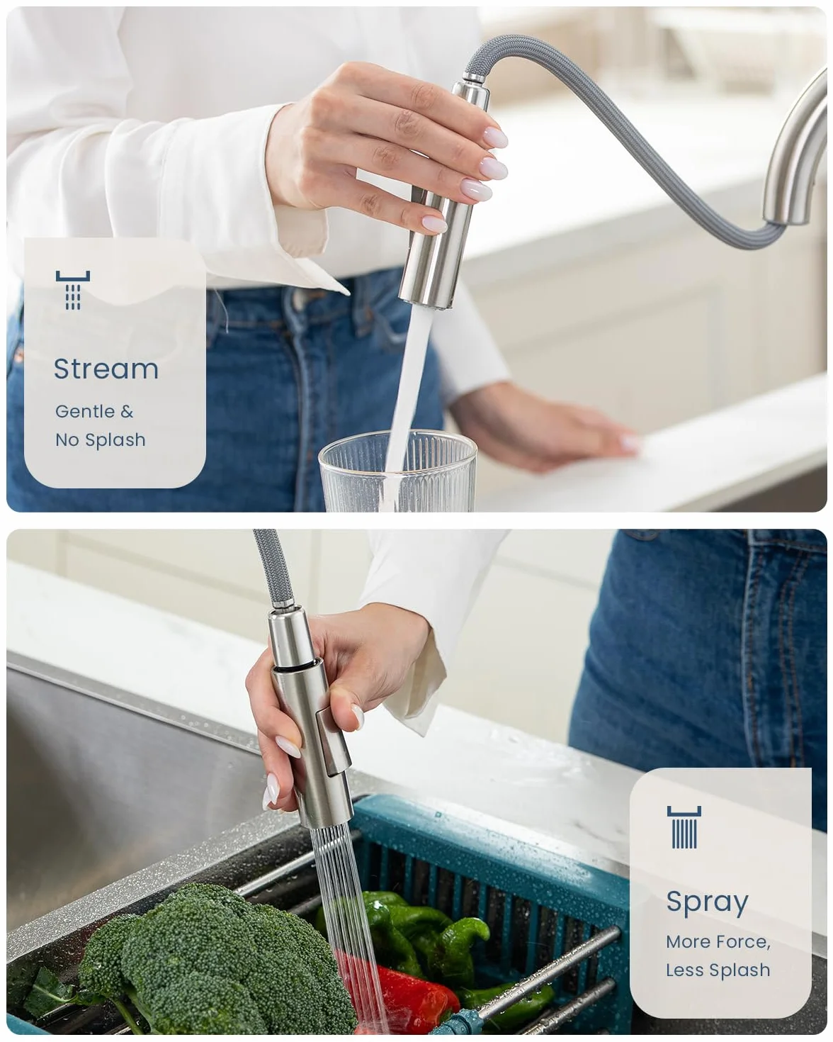 APPASO Niederdruck Armatur Küche, Niederdruck Küchenarmatur Ausziehbar, Wasserhahn Küche 3 Anschlüssen, Spültischarmatur Niederdruck mit 2 Strahlarten für Boiler Gebürstet