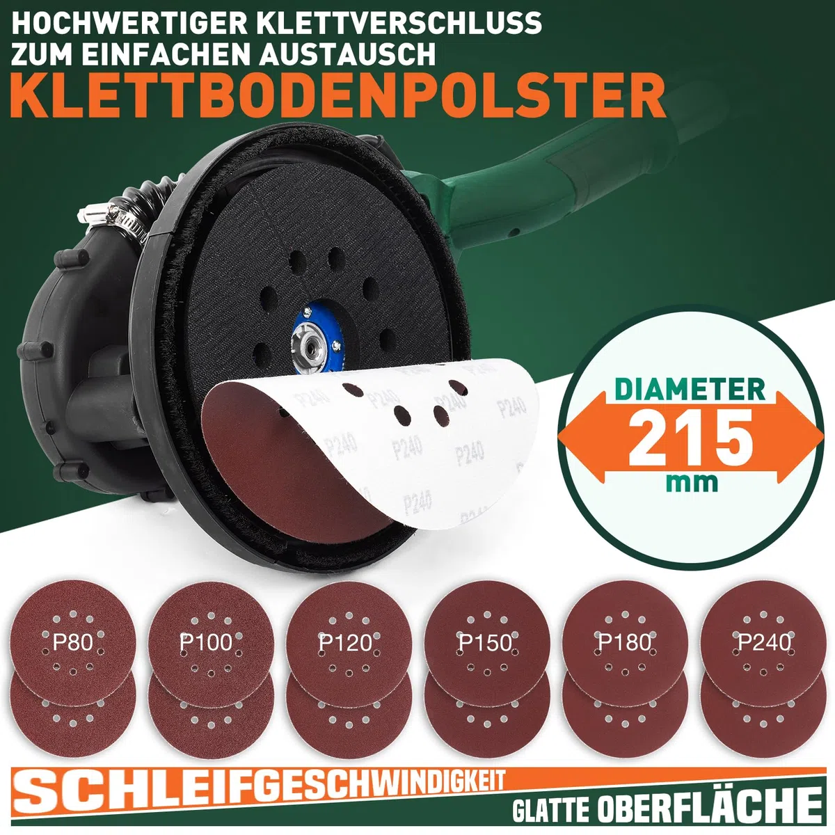 Trockenbauschleifer 850W, Wandschleifer mit 12 Schleifscheiben, 6 variable Geschwindigkeiten 800-1750 U/min, Elektroschleifer mit ausziehbarem Griff, LED-Licht, langem Staubschlauch