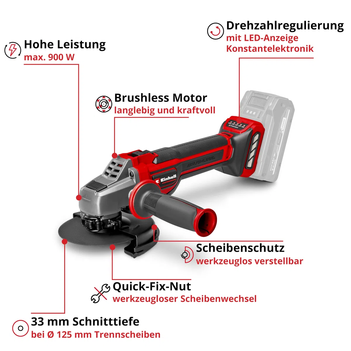 Einhell Professional Akku-Winkelschleifer TP-AG 18/125 CE Q Li Power X-Change (18 V, 900 W, Ø 125 mm, 33 mm Schnitttiefe, Brushless, Konstantelektronik, ohne Trennscheibe, ohne Akku)