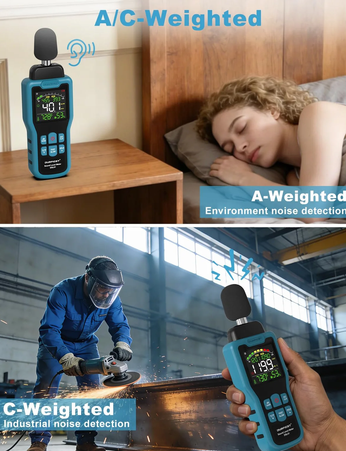 Dezibel Messgerät, DURFICST Schallpegelmessgerät mit Temperatur- und Feuchtigkeitsanzeige, 30–130dB, DB Messgerät mit LCD-Farbdisplay, AC-Bewertung, dB/SONE-Einheit, Schnelle/Langsame Ansprechzeit