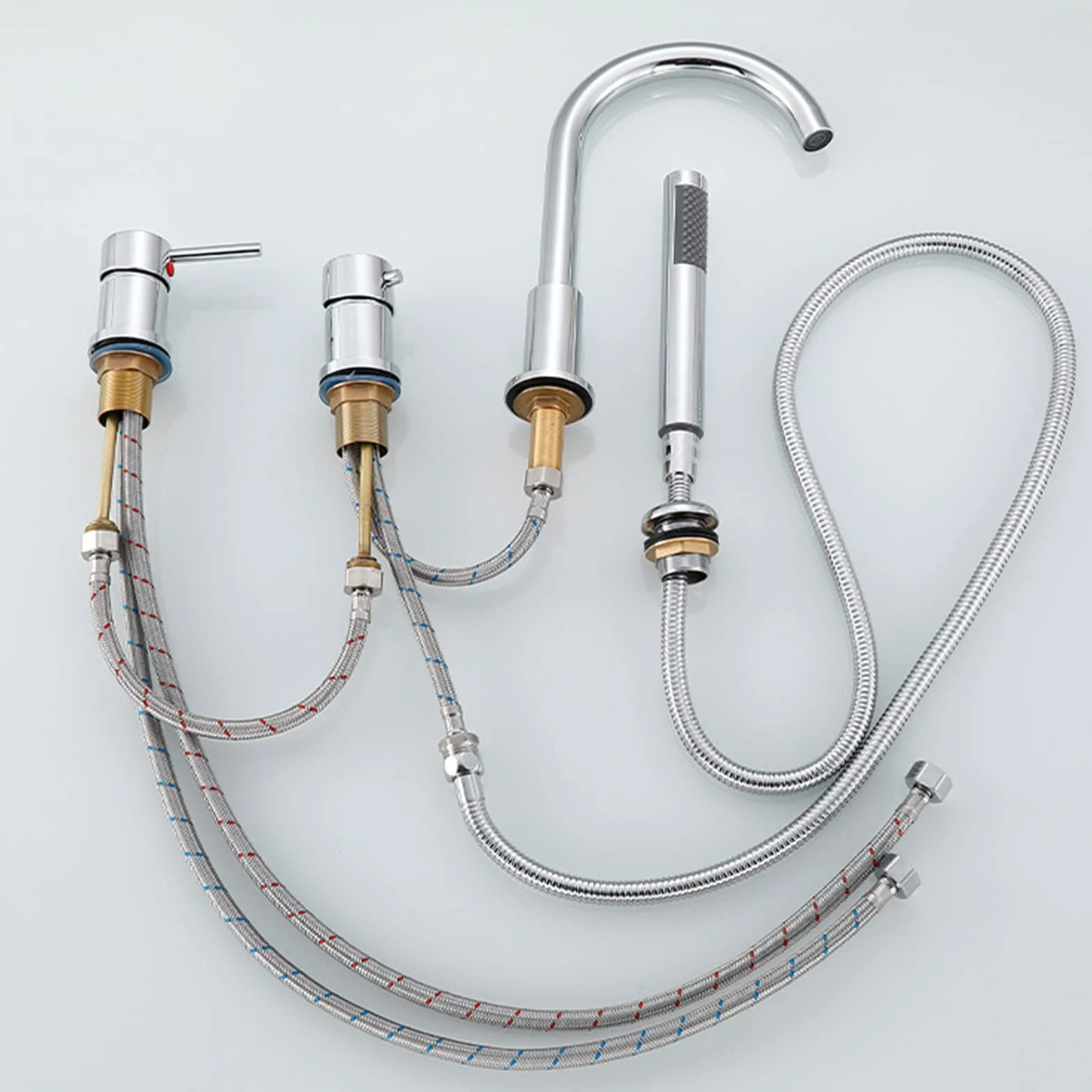 Mischbatterie für Badewanne und Dusche, 4 Wasserhahnlöcher, für heiße und kalte Wasserhähne, ausziehbar, für Badezimmer, modernes Design, Schwarz und Chrom