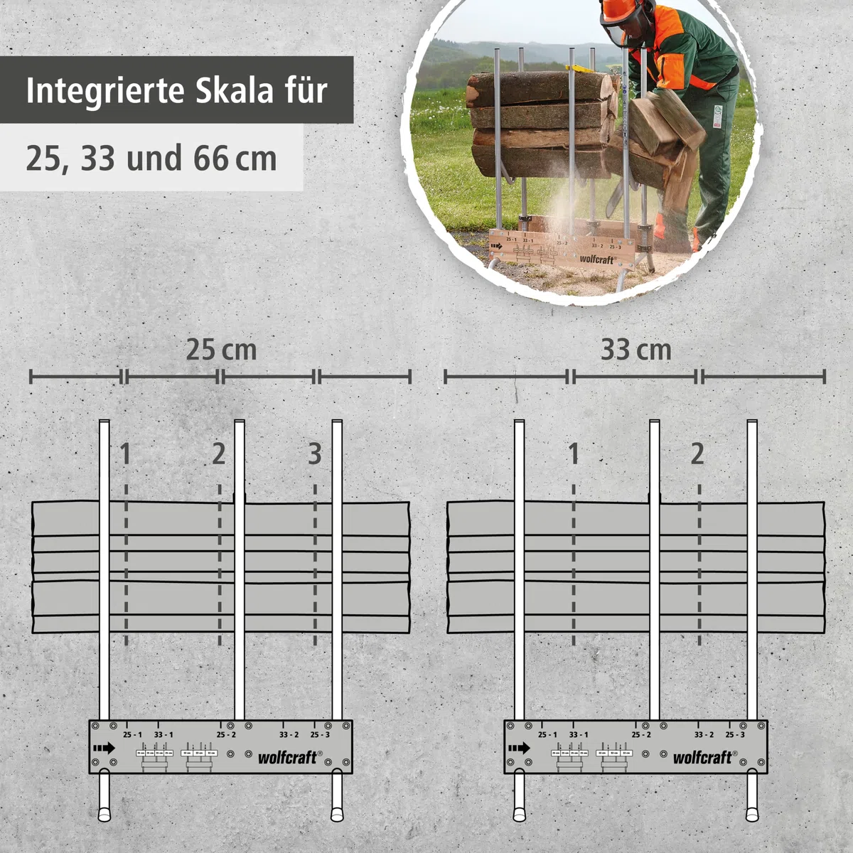 wolfcraft Sägebock klappbar - Holzschneidebock mit Auswurfsicherung | Kettensäge-Scherenbock, Tragkraft 150 kg, Säge-Markierungen für 25 & 33 cm, robust und stabil - Made in Europe - 5121000