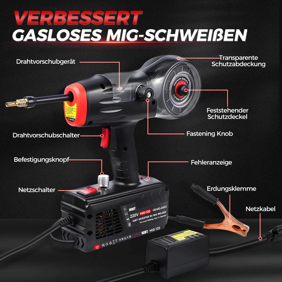 Handgehaltenes MIG-Schweißgerät, 220 V, 20–120 A, tragbares Flux Core-Schweißgerät, tragbares Flux-MIG-Schweißgerät, gasloses MIG-Schweißgerät