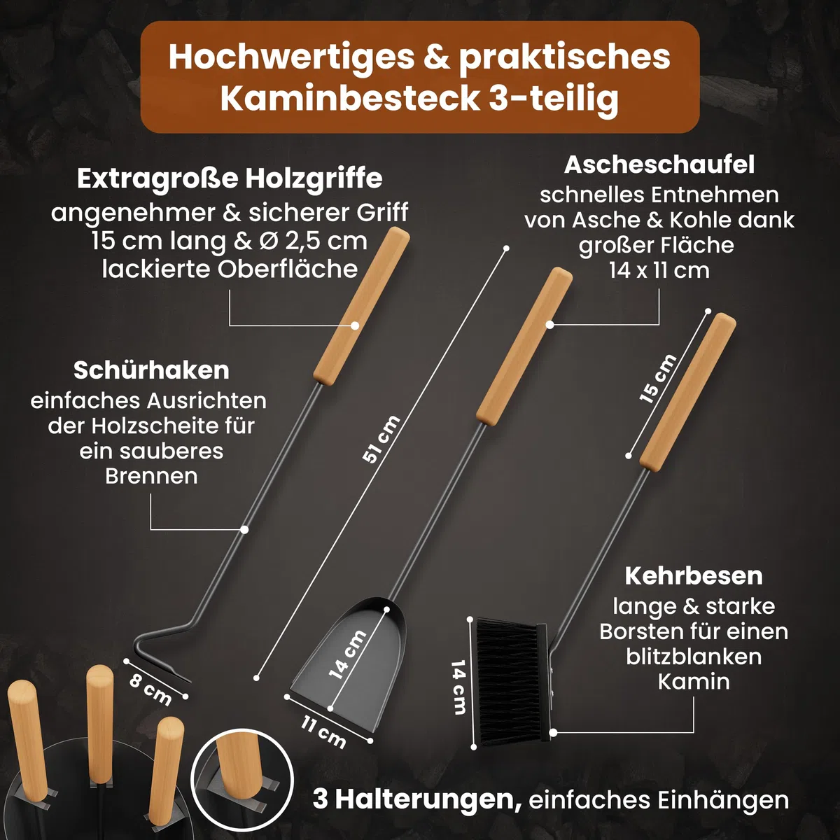 BLACK OAK Kaminbesteck VAIL 4-teilig - modernes Ofenbesteck Set schwarz mit Holzgriff 4 teilig mit Schürhaken Ascheschaufel Kaminbesen + Ständer modern Stahl - Kaminzubehör Kaminofen Besteck für Ofen
