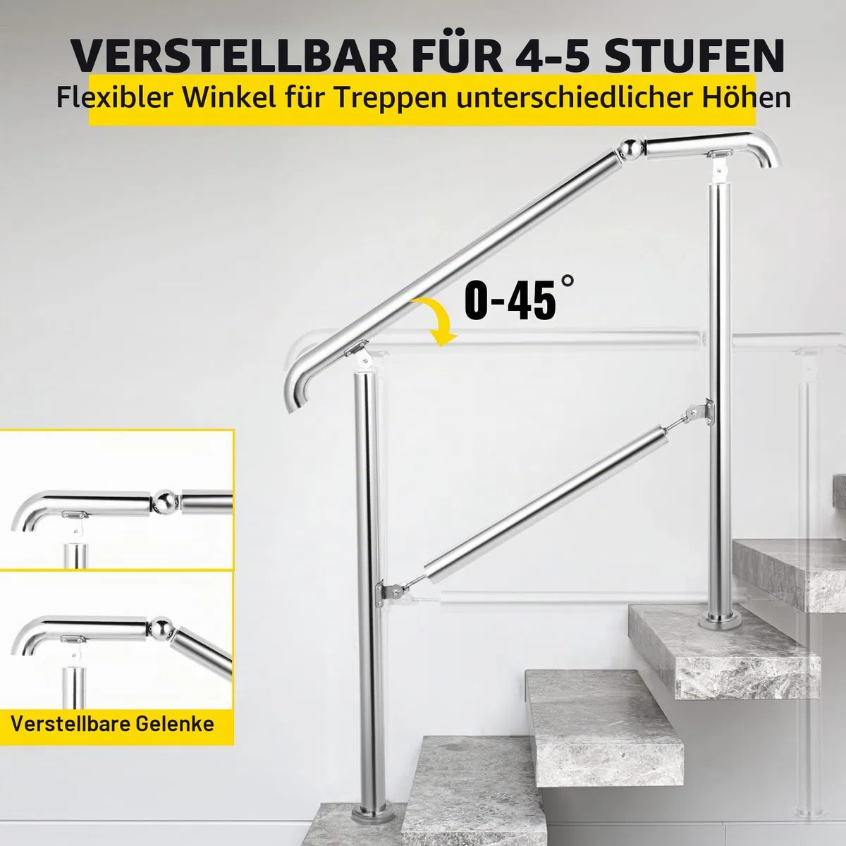 Happybuy Treppengeländer 5 Stufen, Handlauf Edelstahl mit Pfosten, Verstellbare Eingangsgeländer Silber 1,6 m