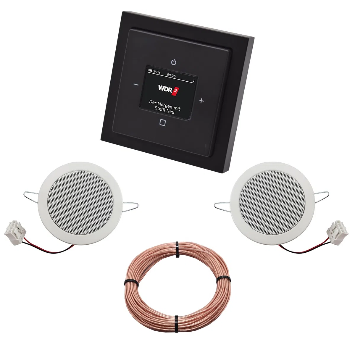 Busch Jäger DAB+ (DAB PLUS) Unterputz Radio 8215U-101 Future SCHWARZ MATT, Komplett-Set mit 2 x Deckenlautsprecher Einbaulautsprecher + 20 m Lautsprecherkabel 2x0,75 mm2 8215 U - 101