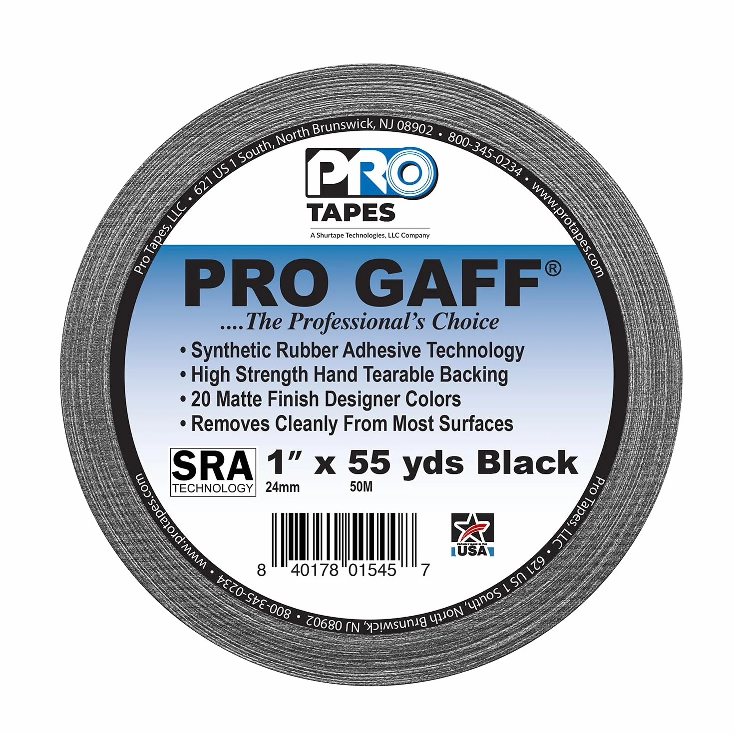 ProTapes Pro Gaff Premium-Gaffer-Klebeband mit Gummi-Kleber, 2,5 cm breit, 45,7 m lang, Schwarz (1 Stück)