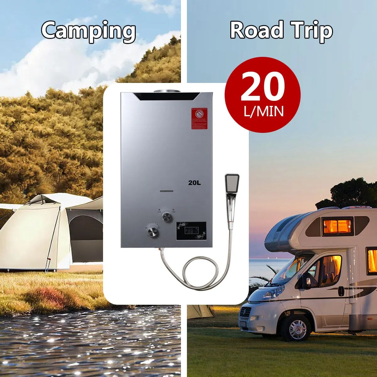 Tragbarer Gas Durchlauferhitzer 20L 40KW Propangas Campingdusche für Dusche im Außenbereich Dusche Bad Warmwasser Camping Dusche LPG Warmwasserbereiter Warmwasser Tankless Instant,Silber