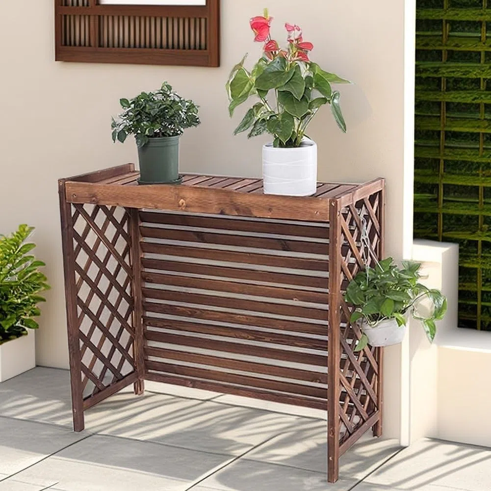 Draußen Abdeckung für Klimaanlage aus Massivholz, Holz Blumenständer, Klimaanlagenzaun, Schutzgitter, Verstecken Von AC-Geräten (Größe: 96x40x89cm), Wasserfest, Braun