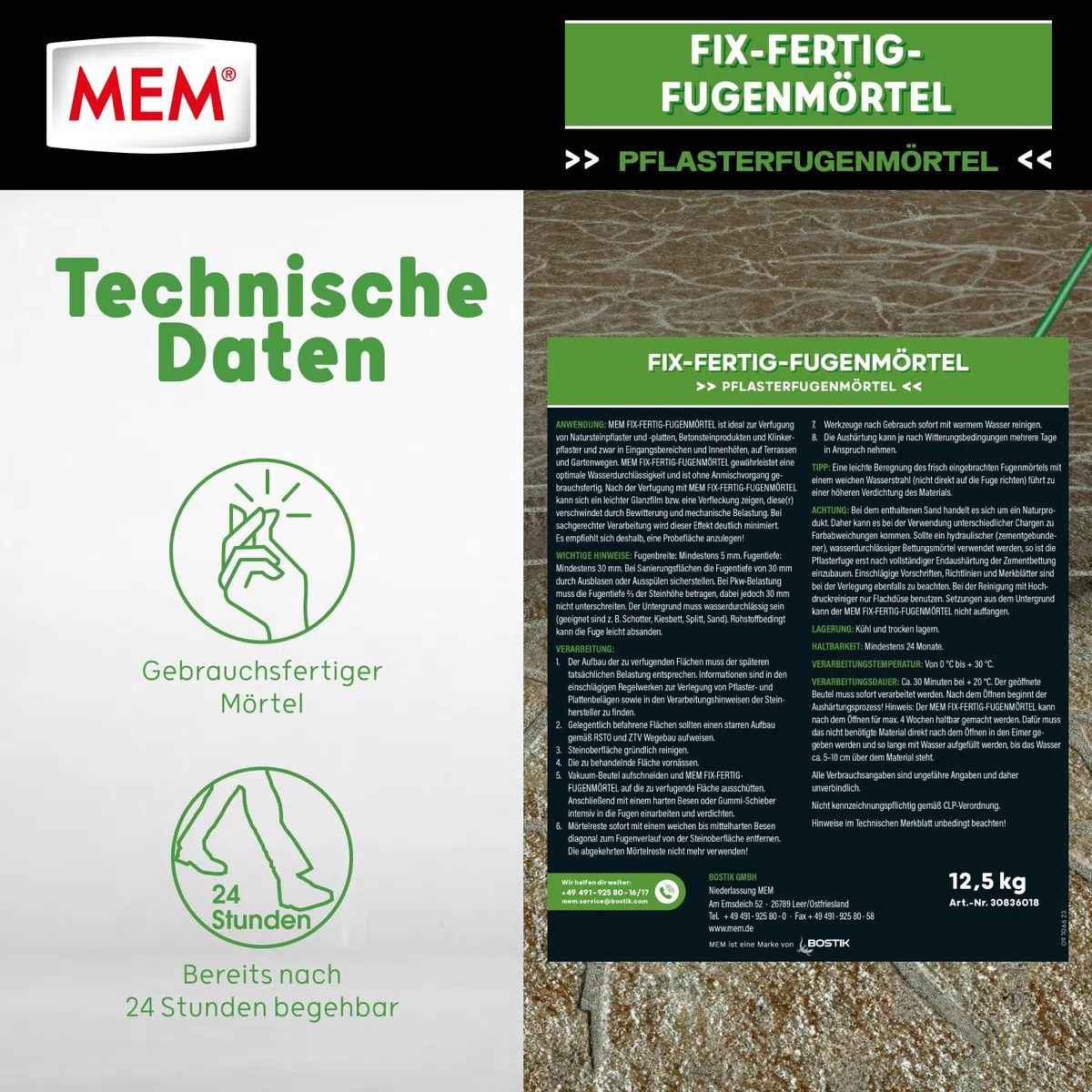 MEM Fix-Fertig-Fugenmörtel, Witterungsbeständig, Anwendungsfertig, Gegen Unkrautbewuchs, Steingrau, 12,5 kg