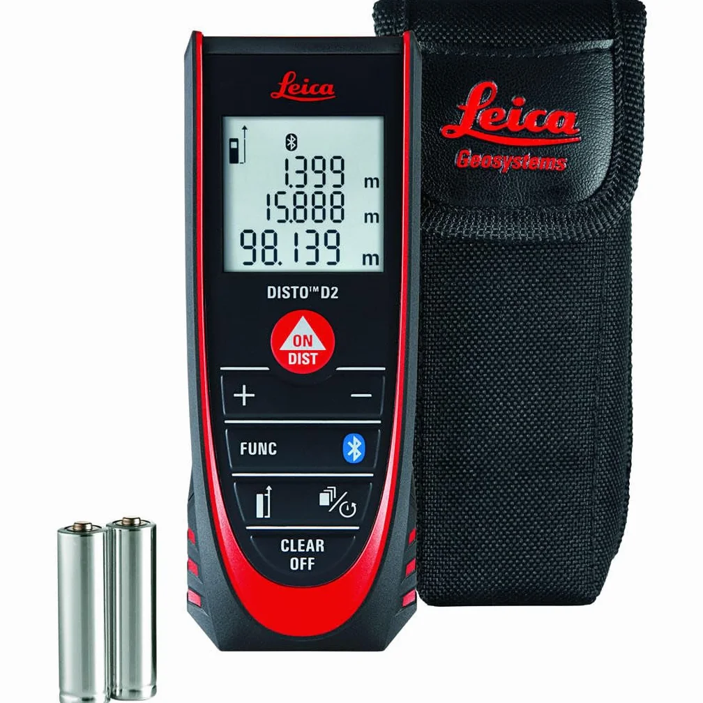 Leica DISTO D2 – funktioneller Laser Entfernungsmesser mit Bluetooth (App-Nutzung) für Distanz-, Flächen- und Volumenmessungen (Innenbereich & automatische Endstückerkennung)