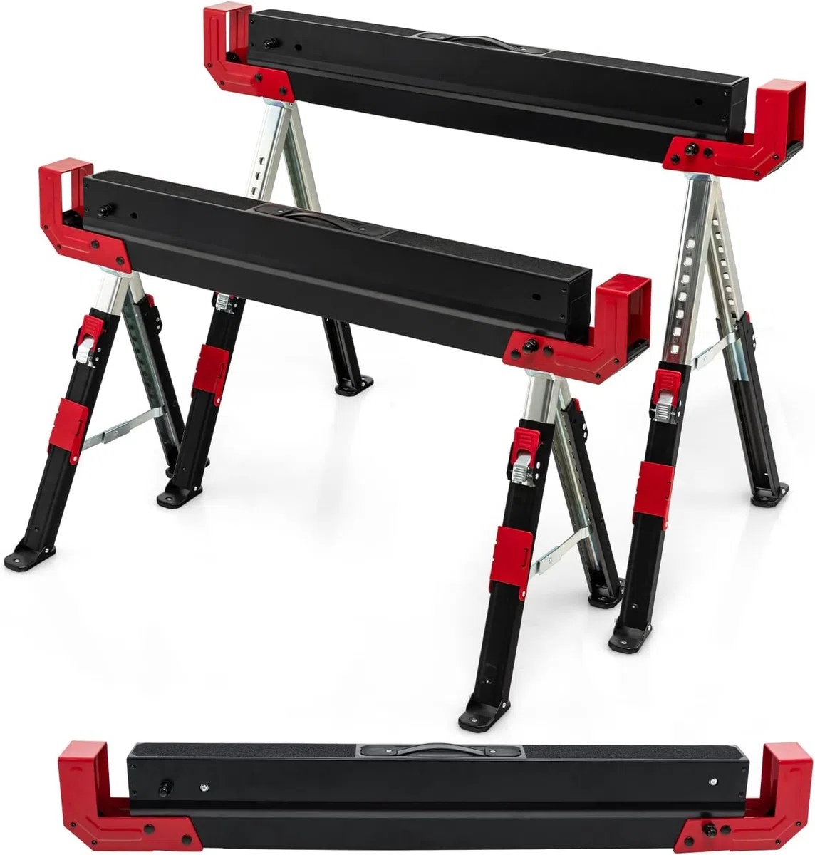 FANTASK 2er-Set Arbeitsbock höhenverstellbar bis 1180 kg belastbar mit Griff, Klappbarer Sägebock Rutschfeste PVC-Oberseite, Rot+Schwarz Tragbarer Unterstellbock