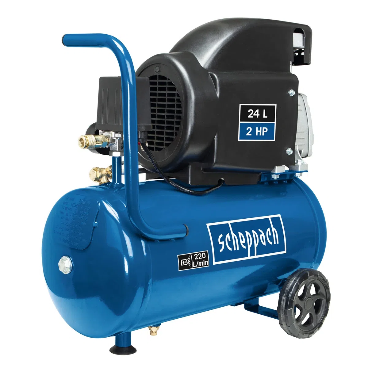 Scheppach Kompressor HC26 Druckluftkompressor | 220 l/min Ansaugleistung | 24 Liter Kessel | 1500W | 8 bar | ölgeschmiert | mit Griff und Fahrvorrichtung | inkl. 5m Schlauch, Reifenfüllgerät + Zubehör