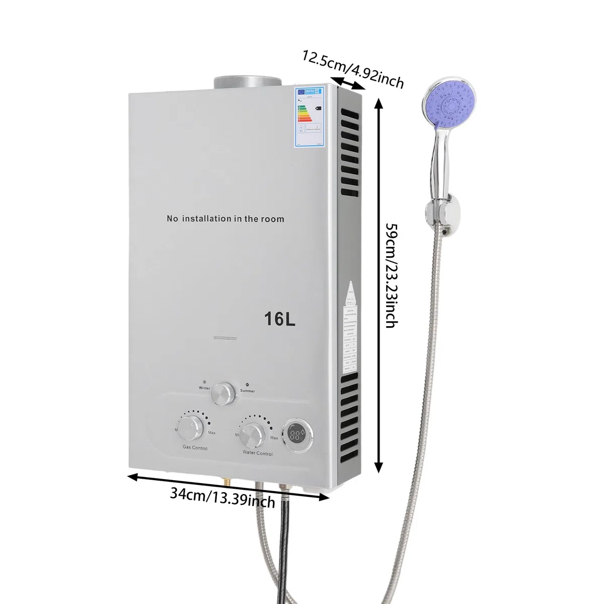 16L Gas Durchlauferhitzer mit Duschkopf 32KW LPG Warmwasserbereiter Super Niedrigem 0,15 bar Startwasserdruck für Zuhause Wohnmobile Kabinen