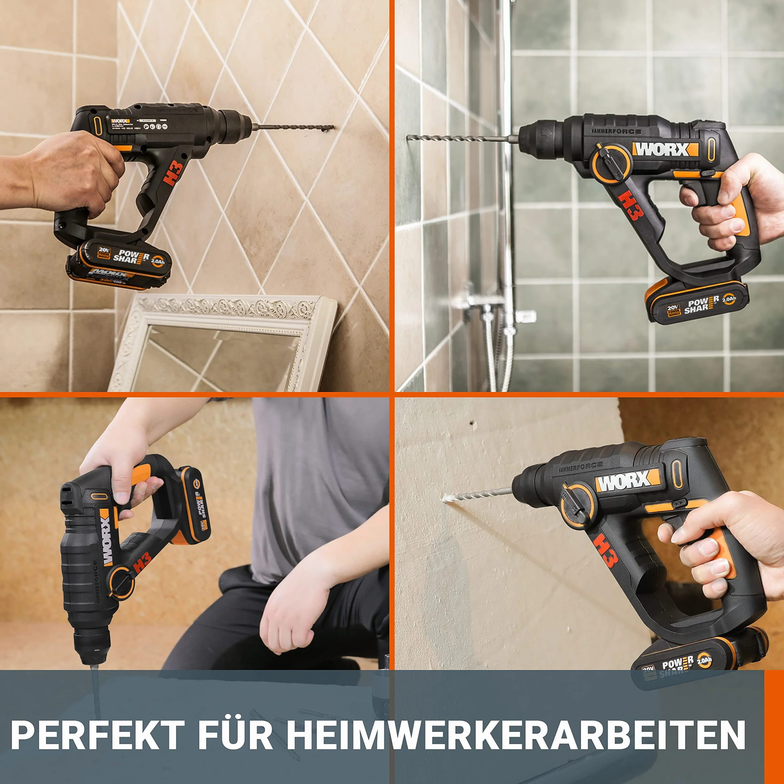 WORX WX390.9 Bohrhammer SDS-plus 20V – Kraftvolle Bohrmaschine mit pneumatischem Hammerwerk & Zweithandgriff - ideal zum Schrauben, Bohren & Hämmern – 1,2J Schlagenergie – Ohne Akku & Ladegerät