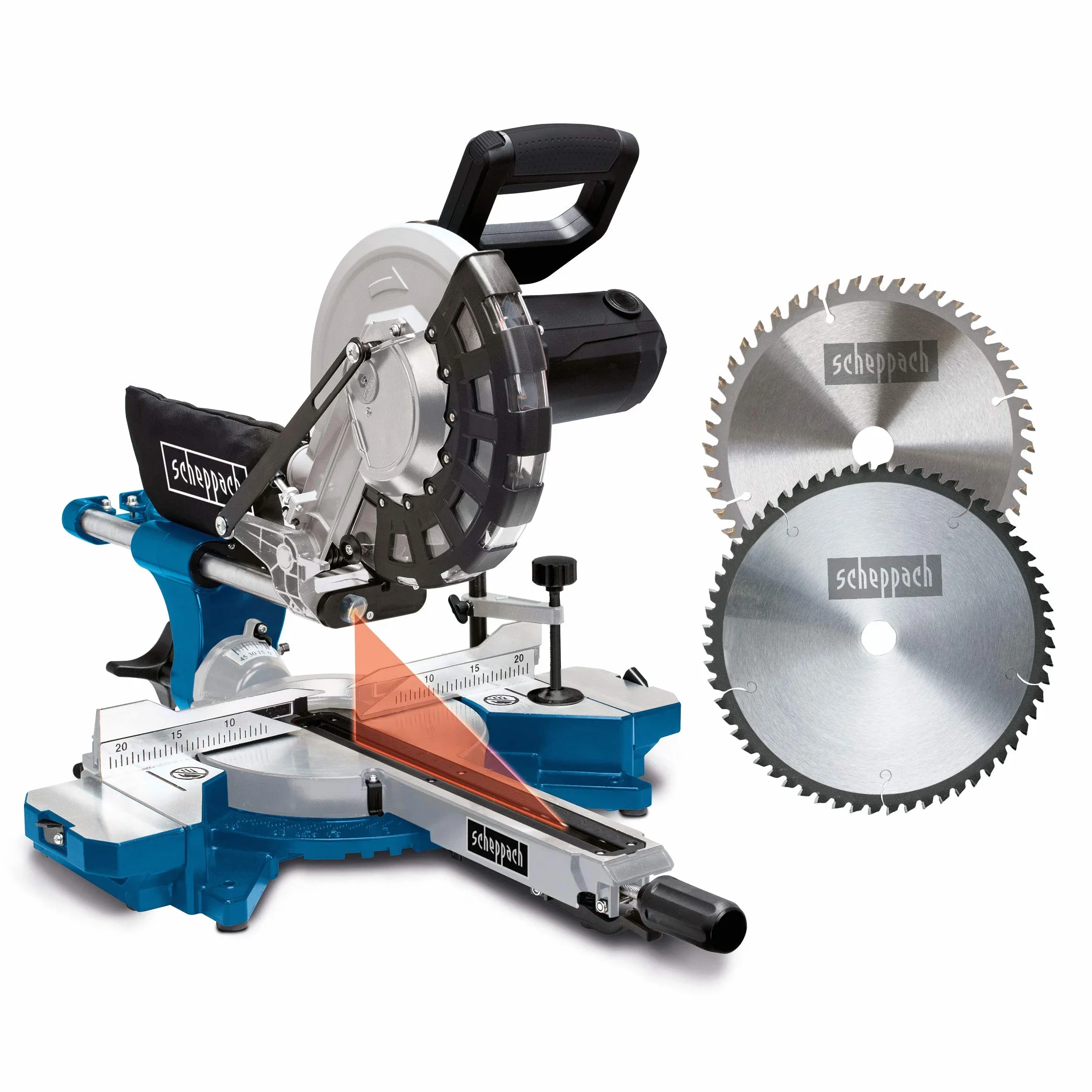Scheppach Kappzugsäge HM254 mit Softstart & Laser - 2000W Leistung | Schnittbreite/höhe 340 x 90mm | Ø255mm Sägeblatt | Werkstückniederhalter & Aluverbreiterung | Gehrungssäge inkl. 2. Sägeblatt