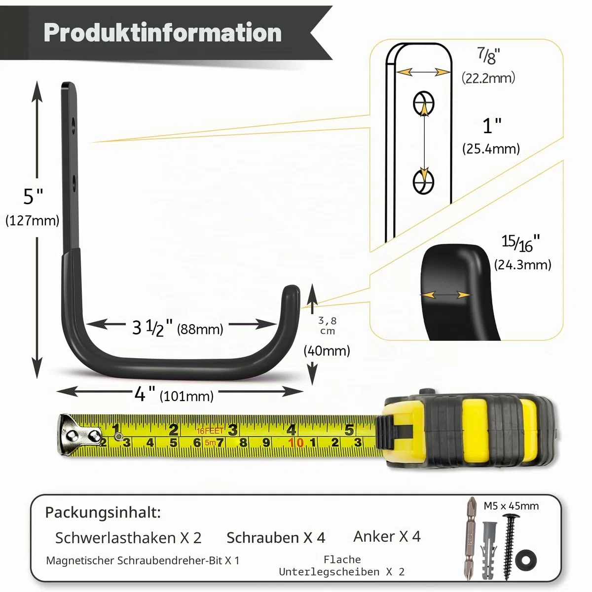 Robuste Garagenhaken, schwerlast Wandhaken, J Garage Haken zum Aufhängen, Stahl-Wandhalterung Werkstatt Organizer für Aufbewahrung, Leiter, Werkzeuge, Gartengeräte (2 Stück,10cm, 22kg)