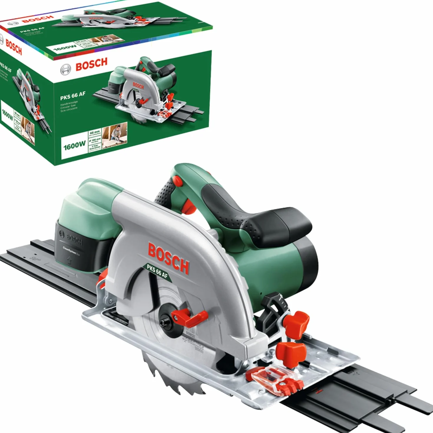 Bosch Kreissäge PKS 66 AF (Präzises Sägen in Holz, 1600 Watt; max. Schnitttiefe 66 mm; 3 tlg. Führungsschienenset)