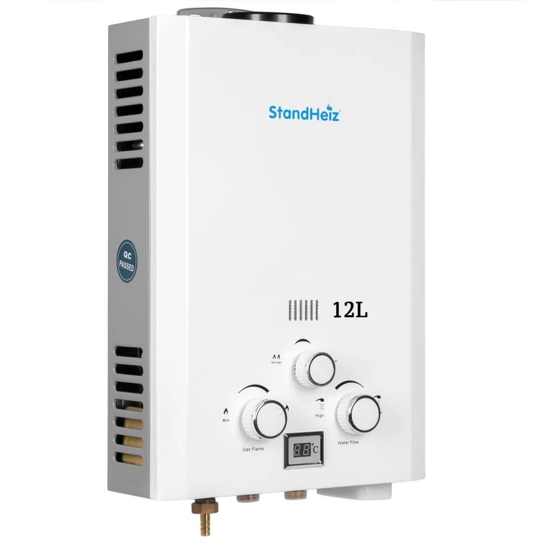 Durchlauferhitzer 12L 24 kW – LPG/Propan Warmwasserbereiter mit LCD Display, Sofort-Heißwasser für Außendusche, Garten, Haus, Camping, Wohnmobil & Wohnwagen, stufenlose Temperaturregelung