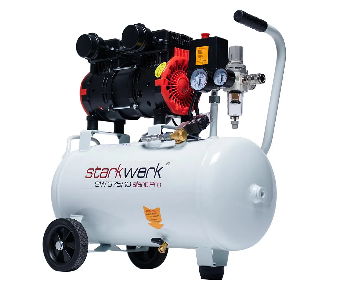Starkwerk Flüsterkompressor Kompressor Druckluftkompressor Silent 69 dB SW 375/10 Pro 1100 Watt 10 Bar 24 Liter Kessel inklusive Druckminderer und Wasserabscheider