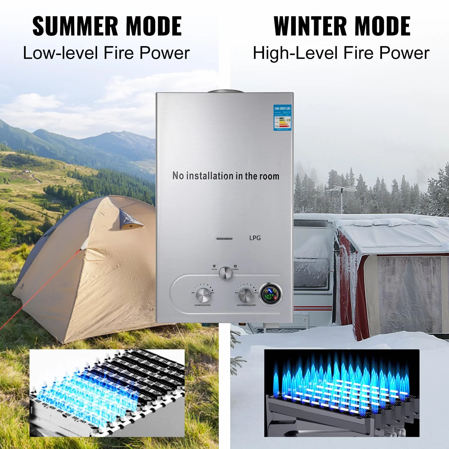 12 l LPG-Gas-Durchlauferhitzer mit Winter- und Sommermodus, 24 kW, an der Wand montiert, ohne Tank, automatischer Durchlauferhitzer mit Kupferkern und LED-Display