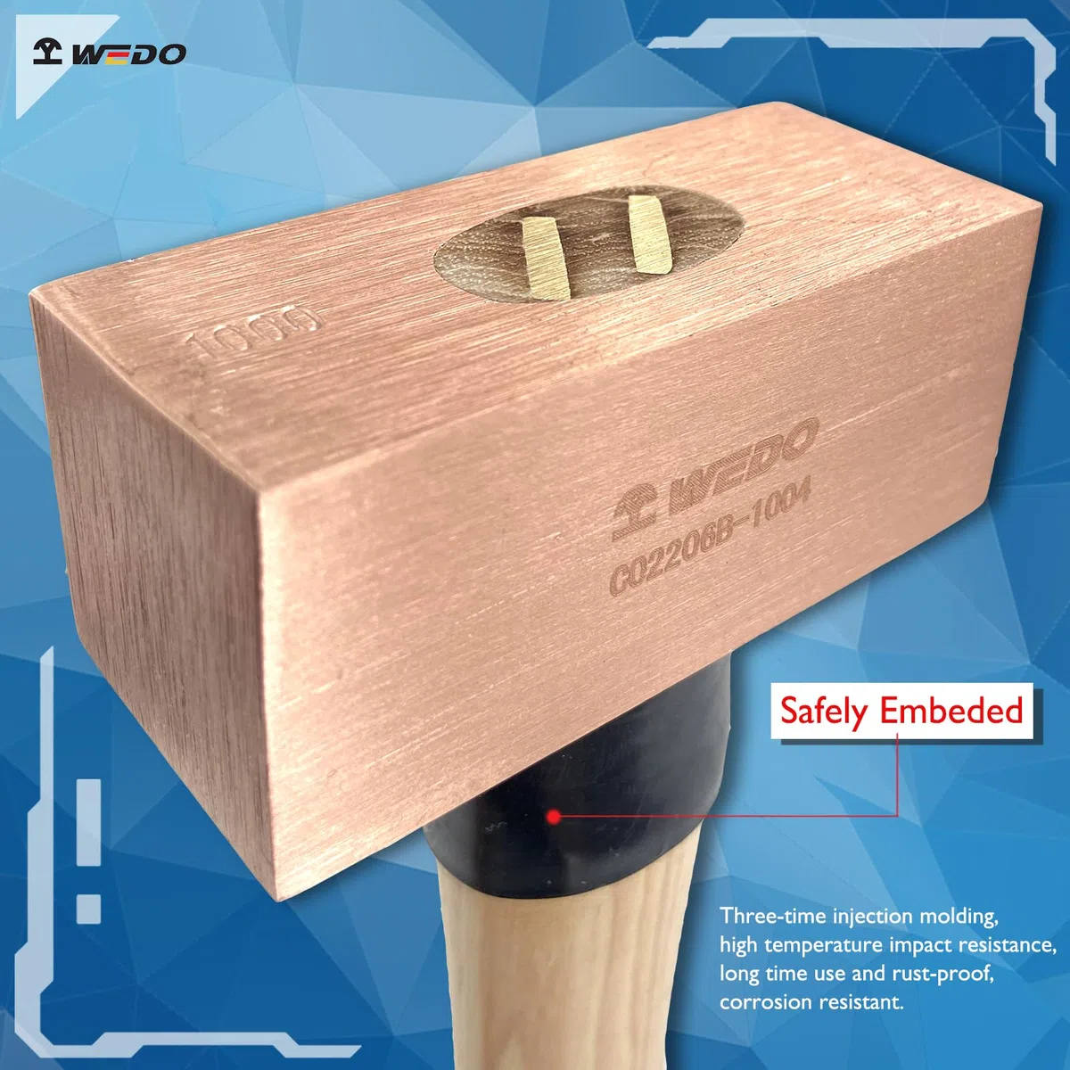 WEDO Kupferhammer,Schlosser-Hammer mit Holzgriff,500g Kupfer Fäustel,Länge 300mm,Trockenbauhammer,Stemmhammer,Abbruchhammer,Robuster Stiel,langlebig,Korrosionsschutz Vorschlaghammer