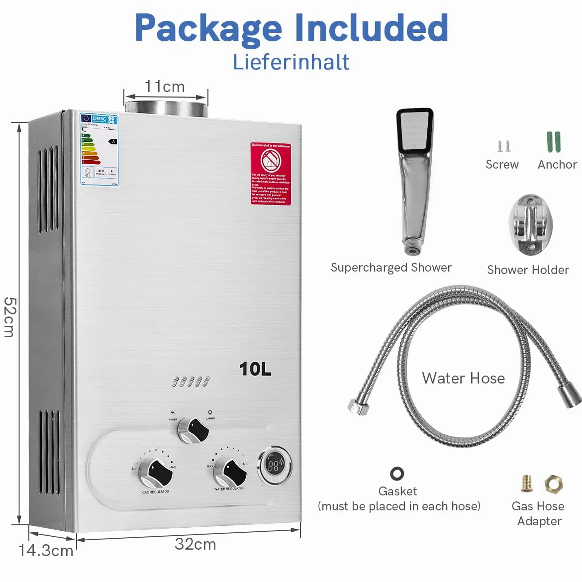Fulgutonit 10L Gasdurchlauferhitzer mit Druckdusche,LPG Propan Butan Gas Durchlauferhitzer Passend für Zuhause,Wohnmobil und im Freien