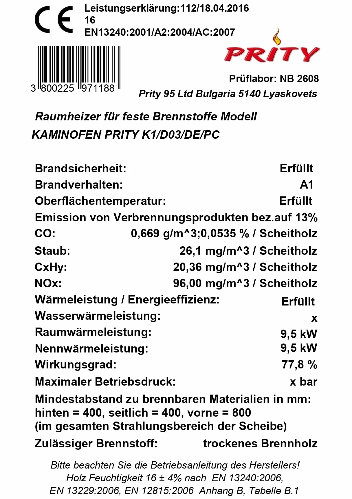 EEK A Kaminofen Prity K1-9 kW