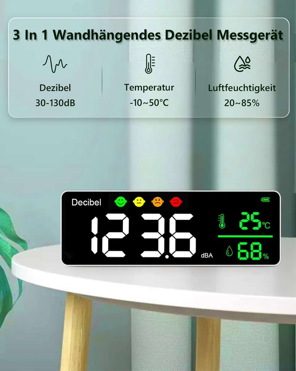 Digitaler Dezibelmessgerät, 3 In 1 Schallpegelmesser Wandbehang Schallpegelmessgerät mit Temperatur & Feuchtigkeits, 30~130dB, 11" Große LED Bildschirm, für Zuhause, Babyzimmer, Bibliothek