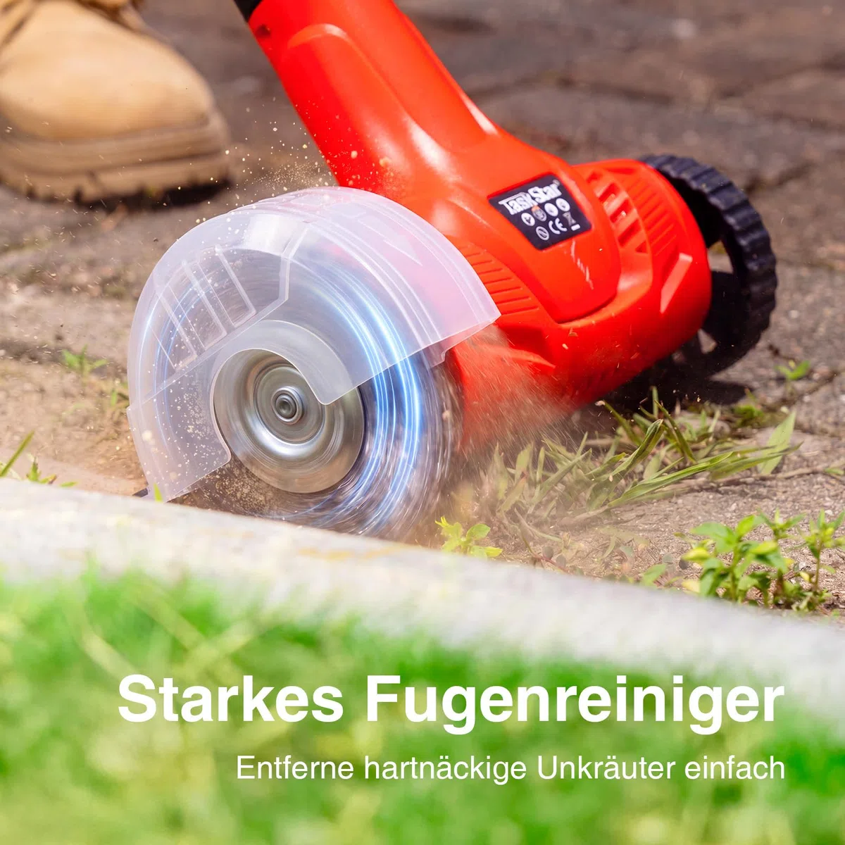 Akku Fugenreiniger 21V Unkrautbürste Elektrisch- Pflasterreiniger mit 2x 4.0Ah Akku, 120 Min. Laufzeit, Teleskopstiel 128cm für Terrasse & Gehweg, inkl. 3 Stahldraht- & 1 Nylonbürste, Fugenkratzer Set
