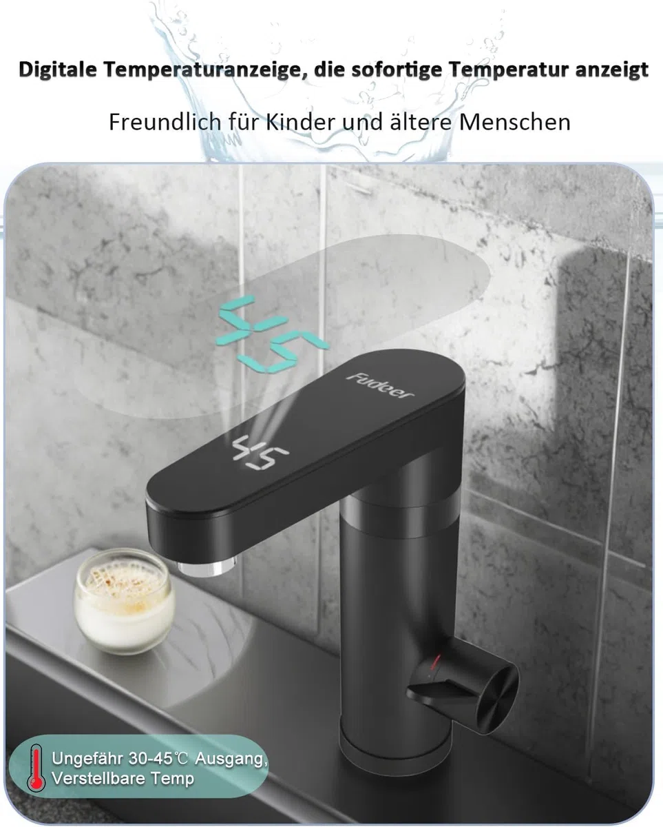 Warmwasserhahn Dlektrisch, Elektrischer Heiß- und Kaltmischer Wasserheizhahn mit digitaler Anzeige, 3300W Wasserhahn mit Durchlauferhitzer Elektrischer Hahn für Waschbecken (Schwarz)