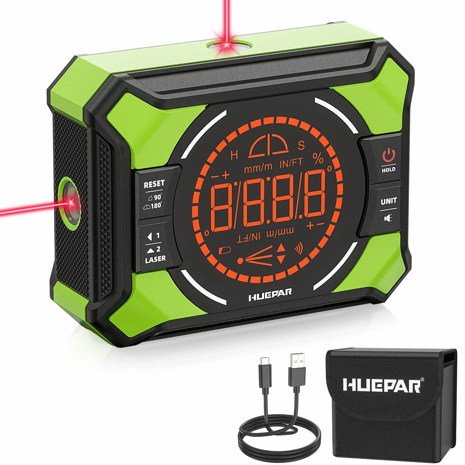 Digitaler Winkelmesser, Huepar 3-in-1 Digital LCD Neigungsmesser mit Laser Nivellierungs Funktion, Winkelmessgerät Inklinometer mit Laser, Bevel Box Winkelmessgerät Wasserwaage, IP54 Wasserdicht