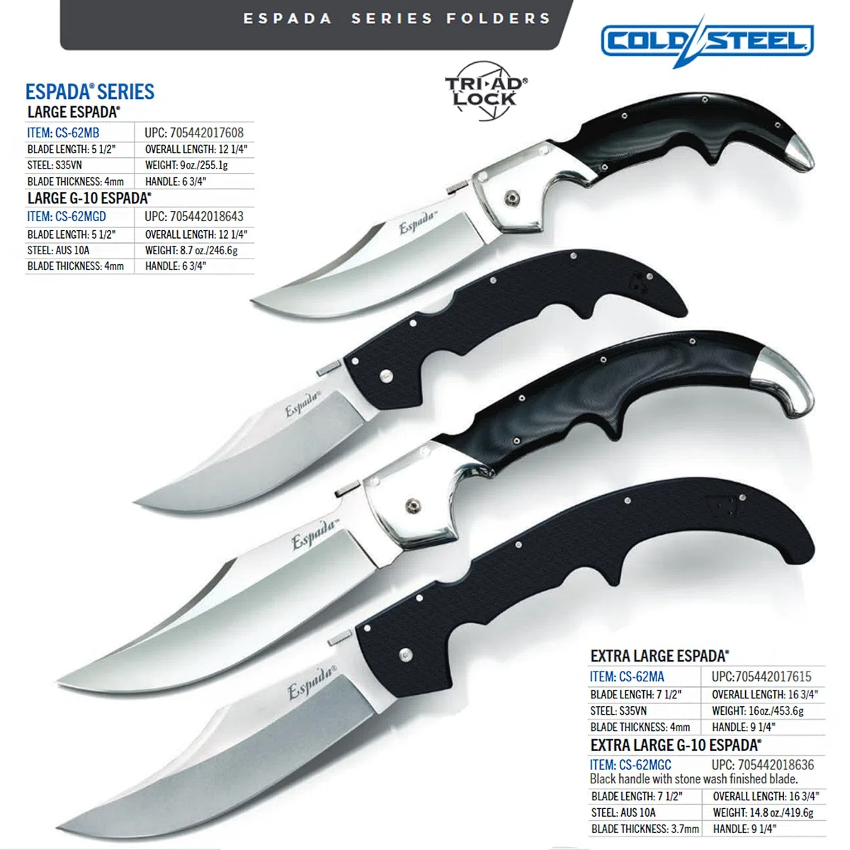 Cold 62MGB Steel, Taschenmesser, XL Espada Lockback, Klinge: 19,1 cm, G10, Schwarz, Klappmesser, Taschenclip, Stonewash