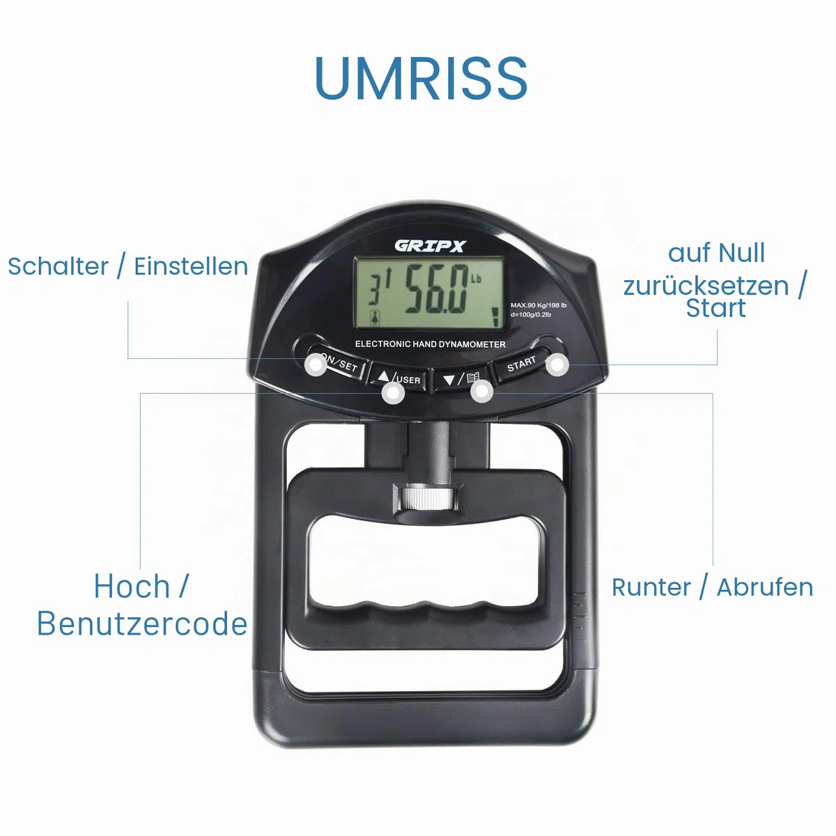 Digitaler Handdynamometer Griffstärke-Messgerät Automatische Erfassung der elektronischen Griffkraft 198 lbs / 90 kg