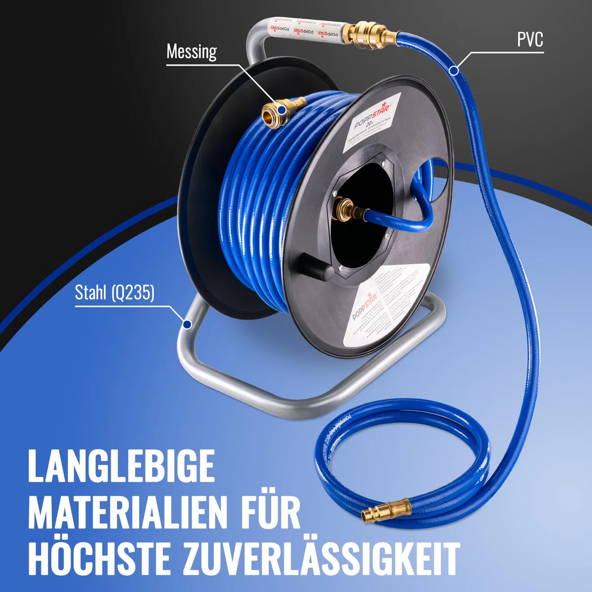 Poppstar Manuelle Druckluftschlauchtrommel aus PVC (20m+1,5m, Durchmesser (6x11,5mm)), Anschlüsse 1/4 Zoll BSPT