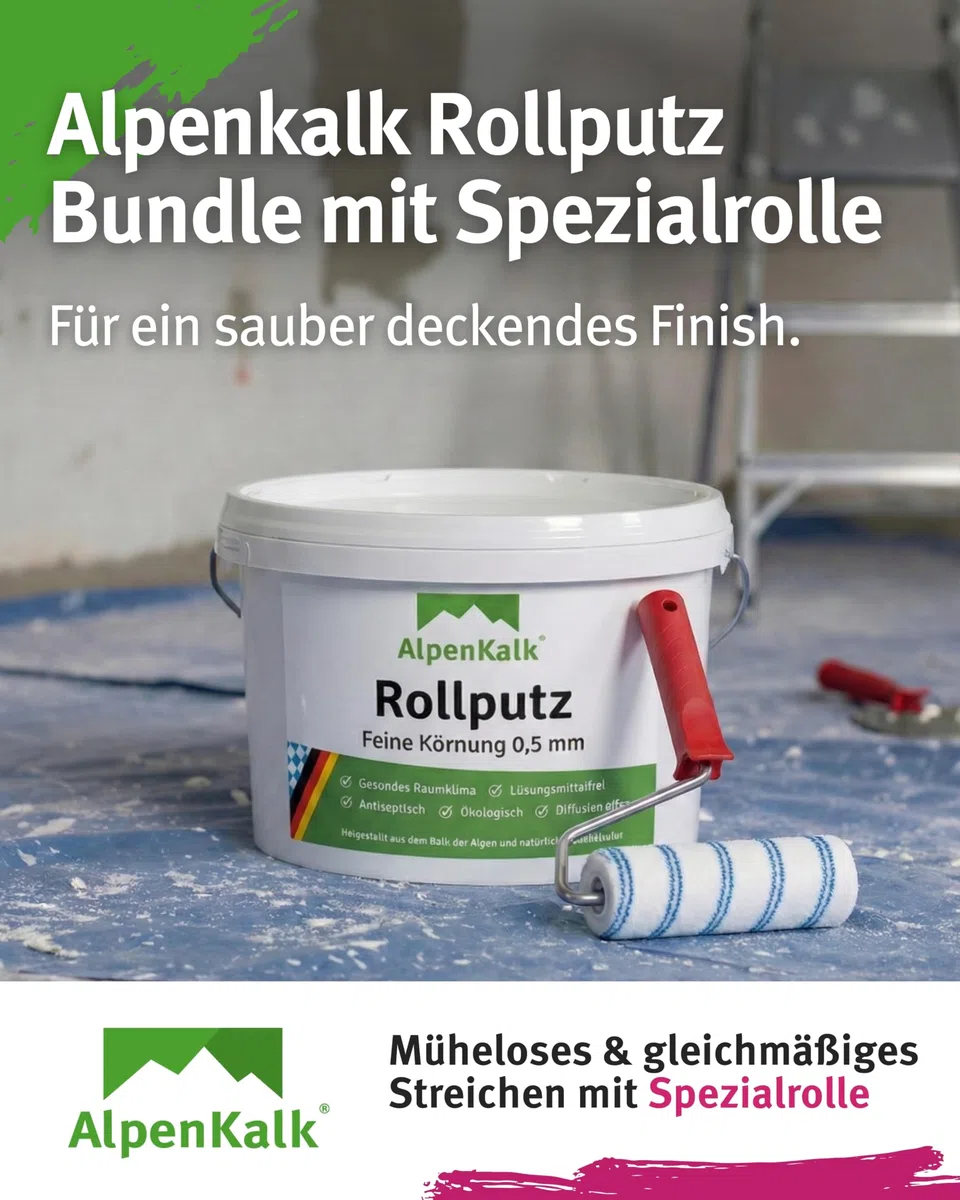 Feiner Rollputz für Innen I 24 kg für ca. 65 m² + Spezialrolle 18 cm I 0,5 mm Körnung I Verarbeitungsfertig & streifenfrei wie vom Profi I Atmungsaktiv, schimmelhemmend & lösungsmittelfrei