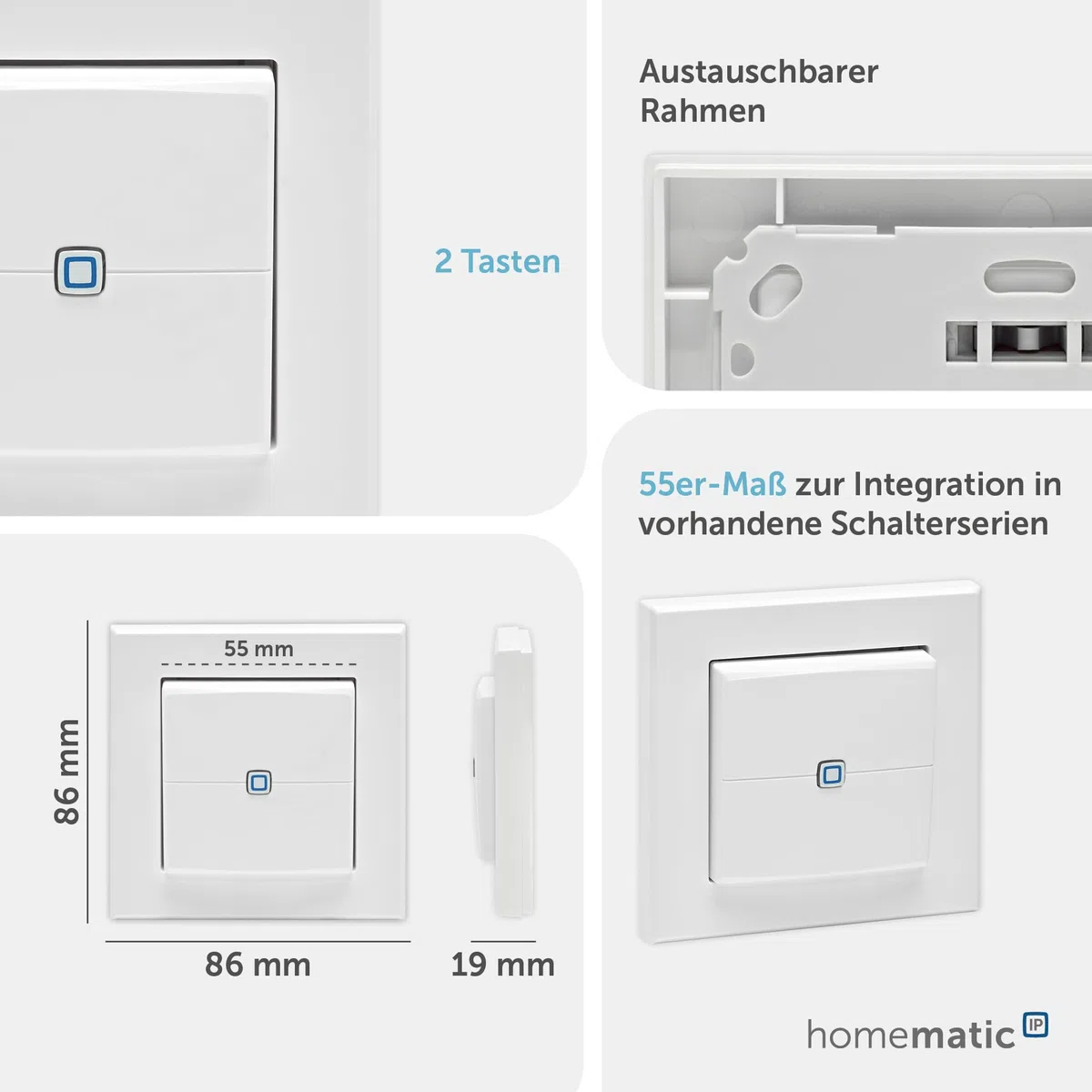 Homematic IP Smart Home Wandtaster – 2-fach, Wandschalter, zwei Tasten, Zubehör für Ihr Homematic IP Smart Home, universell einsetzbar, schaltet Aktoren und Thermostate, kabellos, 161830A0
