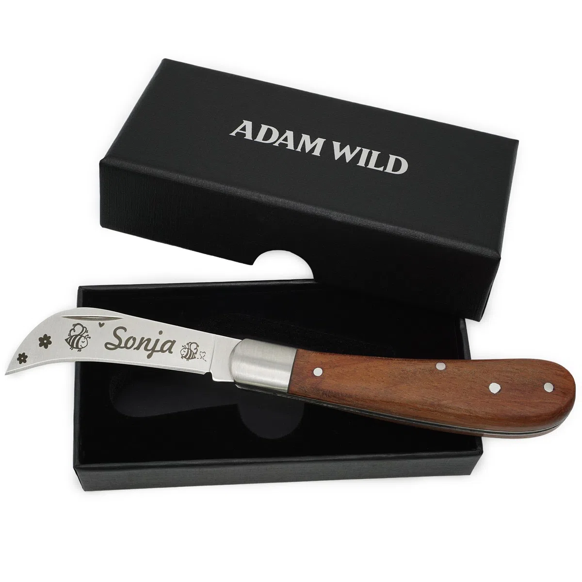 ADAM WILD Gartenmesser mit Gravur | Geschenke für Gärtner & Gartenliebhaber | Personalisiert für Hobbygärtner | gebogene Hippe-Klinge aus Edelstahl | zum Kräuter-, Blumenschnitt & Ernten | Gartenwerkzeug