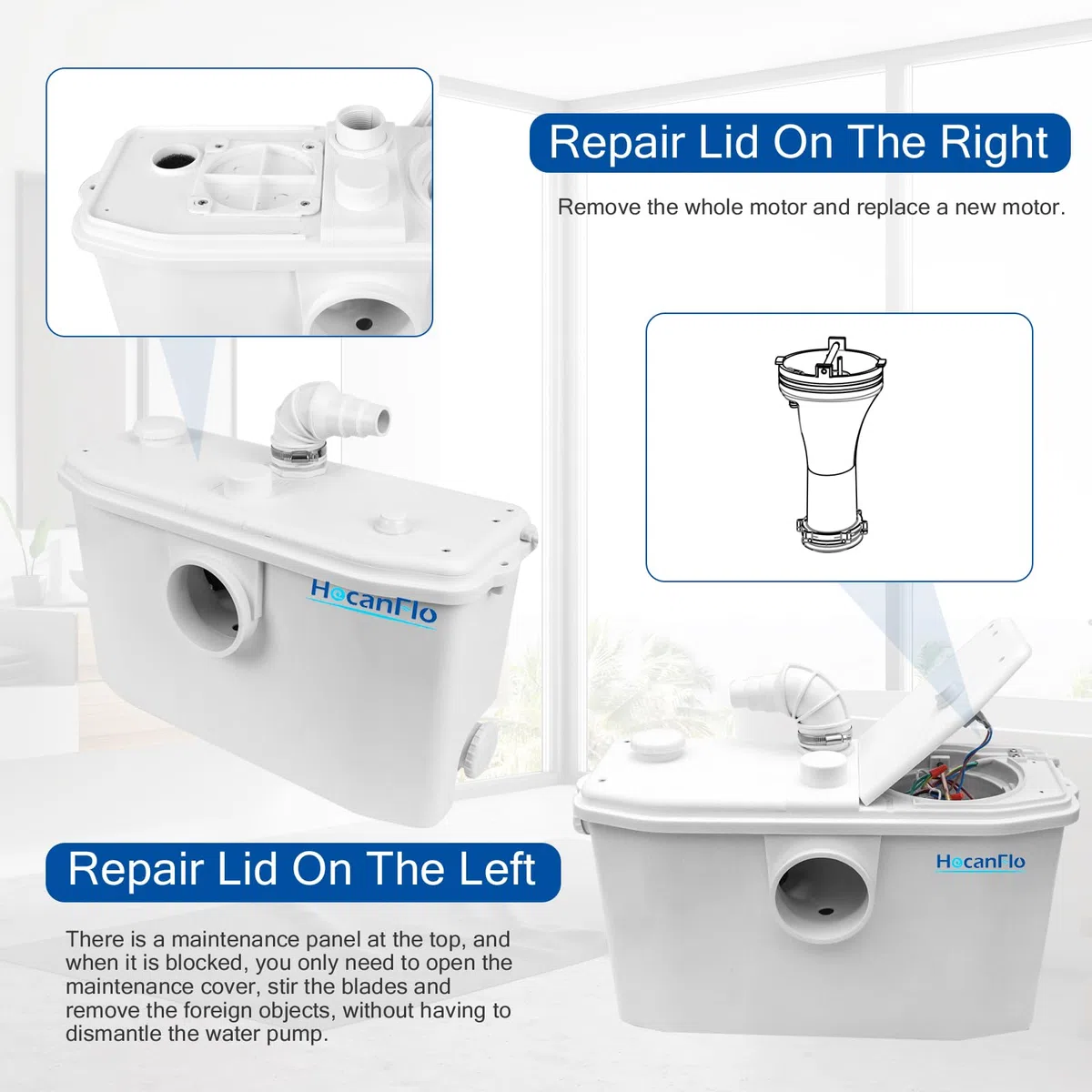 Bomba de agua FLO750W Schmutzwasser Fäkalien Hebeanlage Kleinhebeanlage für WC Toiletten, Dusche, Waschbecken, Waschmaschine, Spülmaschinen, Abnehmbare inspektionsplatte 4 Eingänge, 2 Ausgänge
